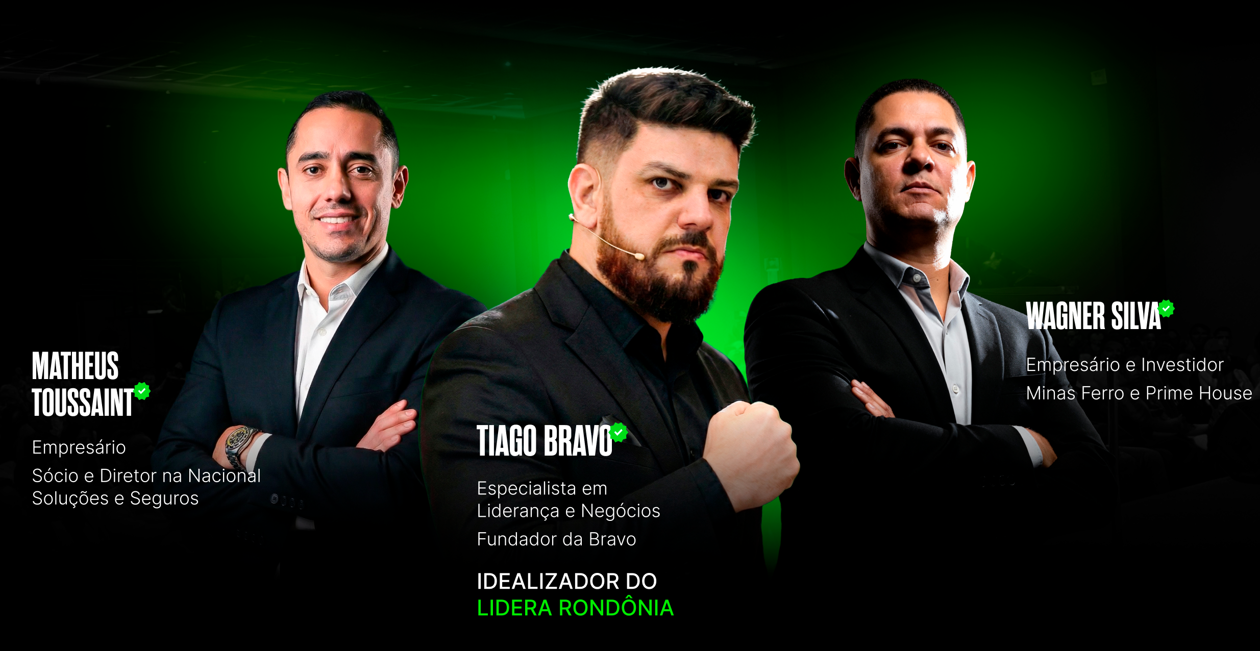 Palestrantes do Lidera Rondônia 2026: Matheus Toussaint, Tiago Bravo e Wagner Silva